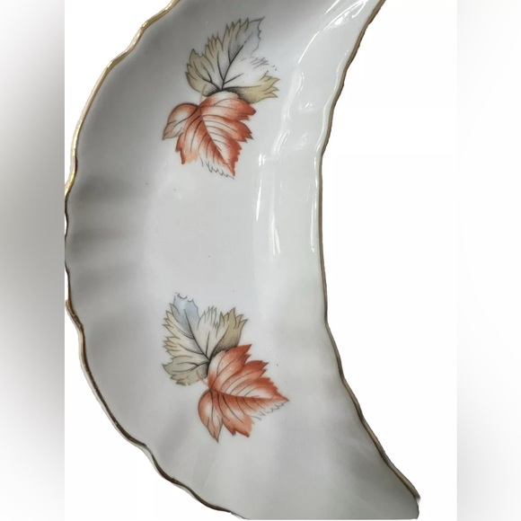 Vintage Bone Dish Crescent Moon Set 2 Chadwick Japan MCM Floral Rose Maple Gold - Picture 7 of 10